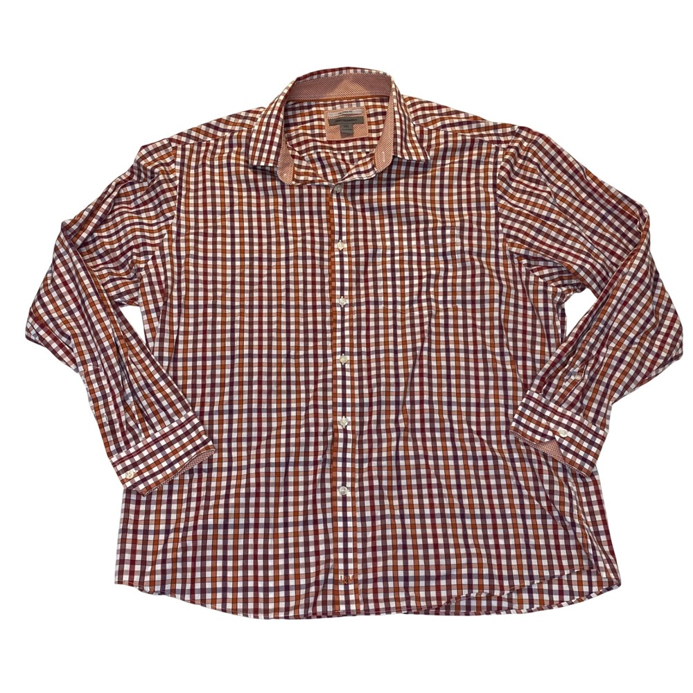 Johnston & Murphy Mens XXL Tailored Fit Gingham Button Down‎ Shirt Orange Purple